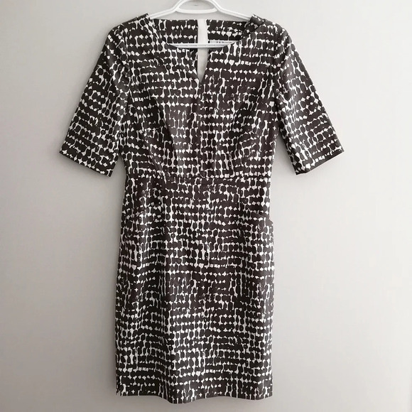 L.K. Bennett Dr Cho Sheath Dress Brown and Cream Front Pockets Elbow Sleeve 6 - Picture 4 of 17
